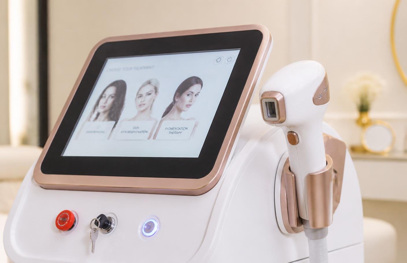 Aparelho de estética avançada com manípulo utilizado nos tratamentos