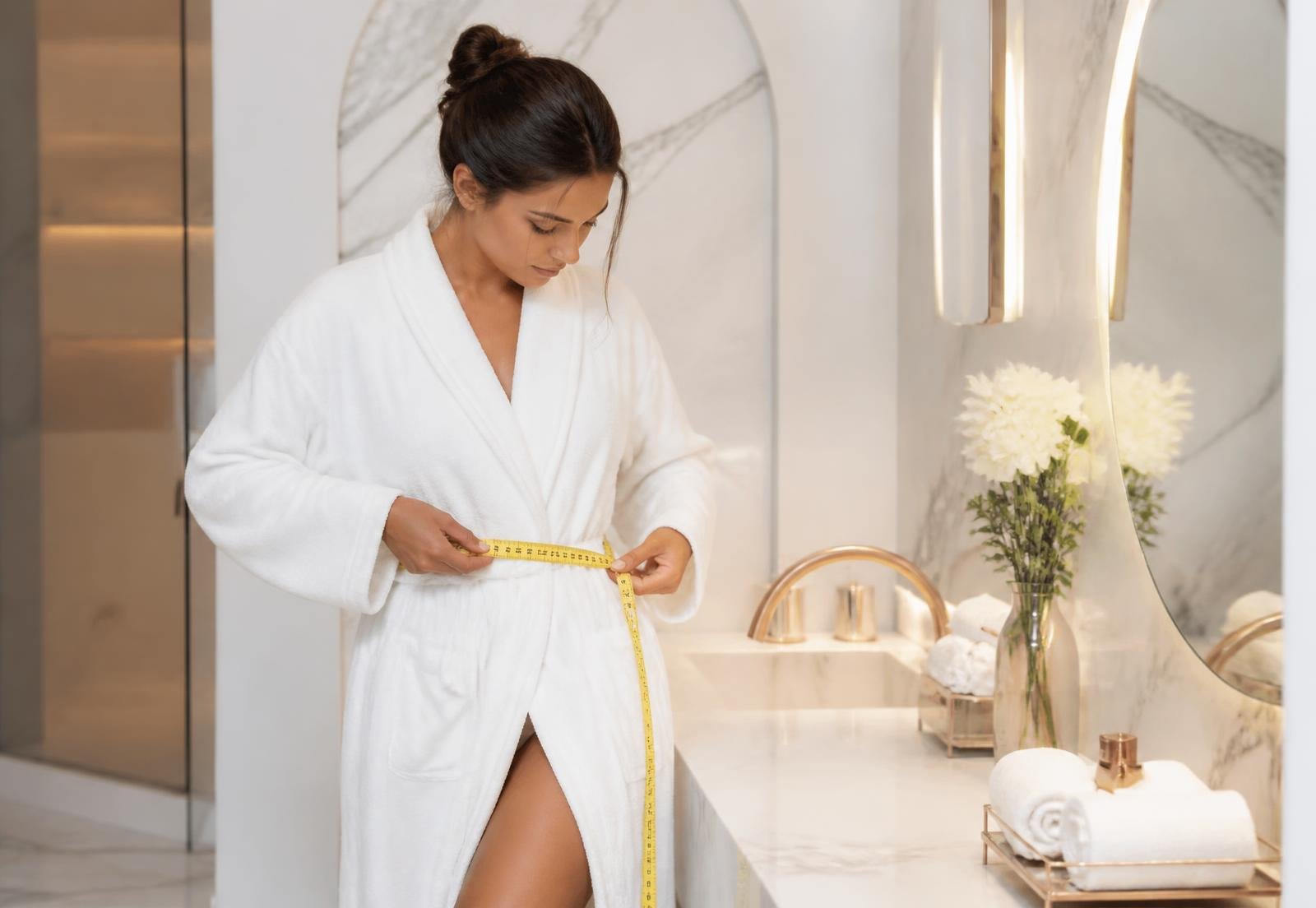 Mulher em ambiente premium medindo a cintura com fita métrica