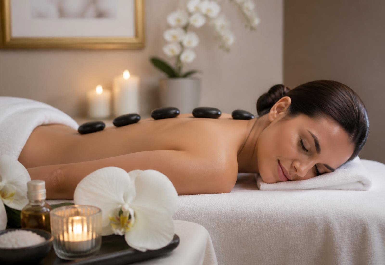 Massagem com pedras quentes em ambiente de bem-estar sofisticado